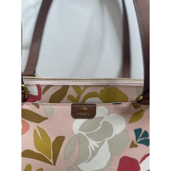 Fossil‎ Coated Canvas Tote Bag Pink Floral Leather Zip Top Shoulder Key Charm - Picture 3 of 14